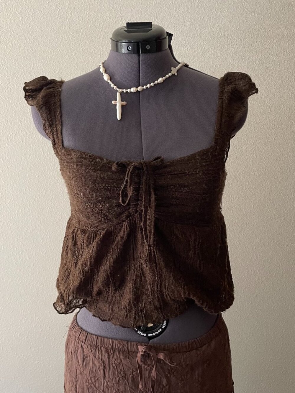 brown lace babydoll top cottage fairy dainty coquette boho | size XS